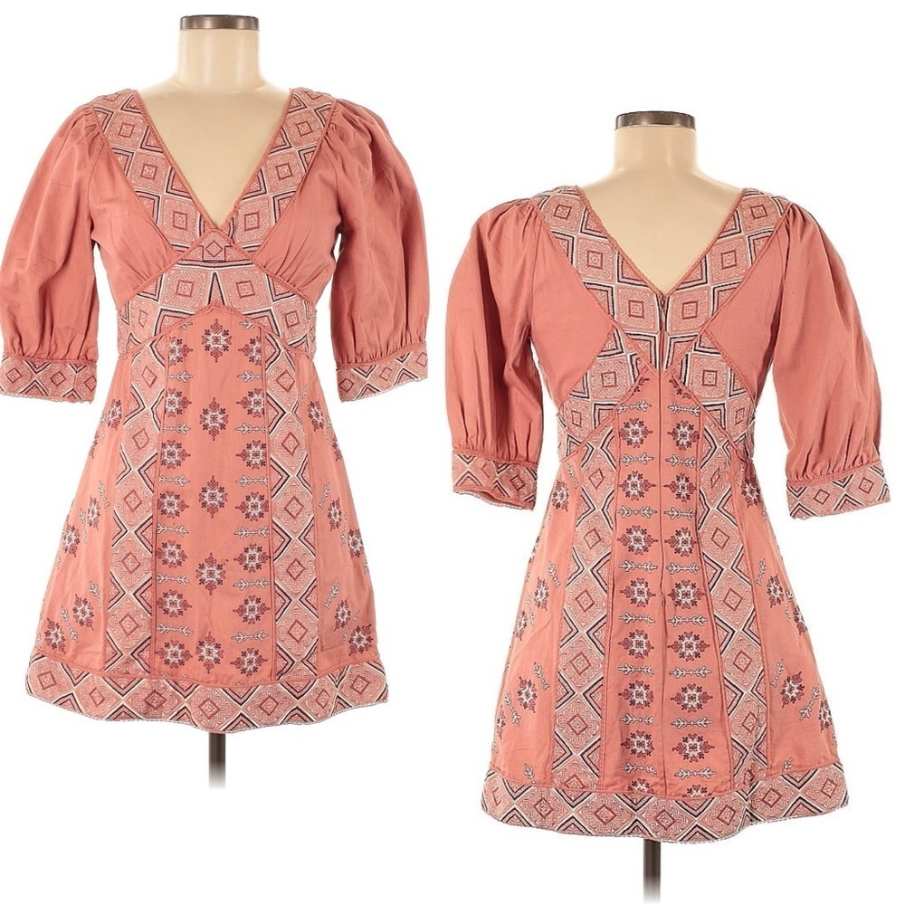 $395‼️Anthropologie Love Sam Embroidered Monterrey Tunic Dress Boho Aztec Boho